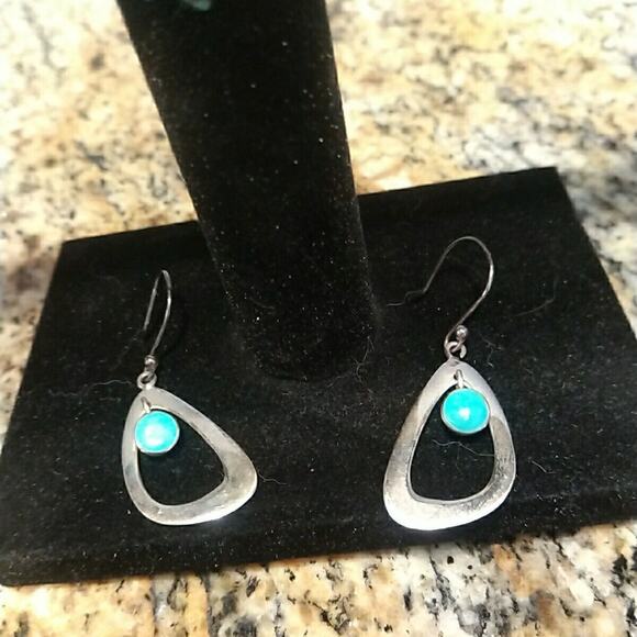 925 Sterling Silver Turquoise MSM Dangle Drop Earrings Signed Mexico - Picture 2 of 5